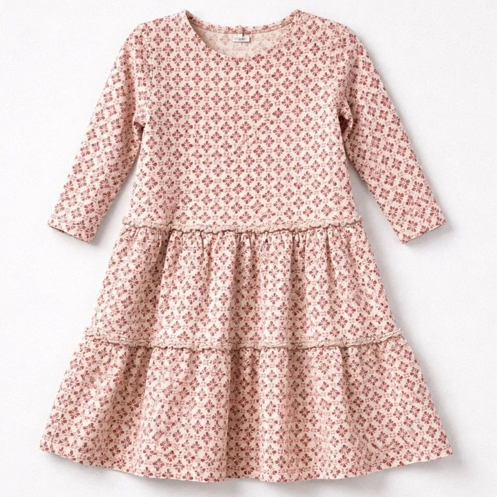 Tea Collection rose and cream floral long sleeve knit dress tiered skirt size 5